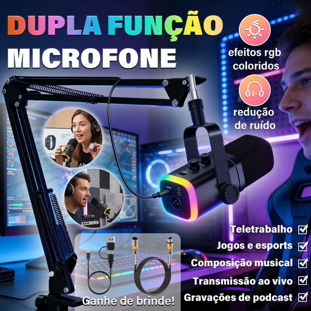Microfone Gamer RGB USB Condensador com Braço Articulado ENC Podcast ...