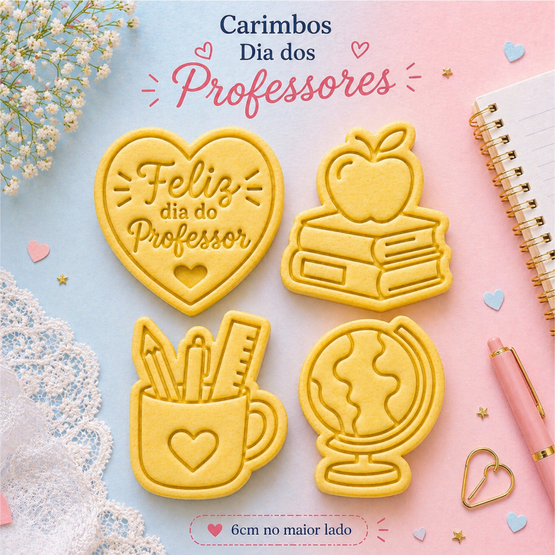 Kit Carimbos + Cortadores Biscoito Dia Dos Professores, Pres