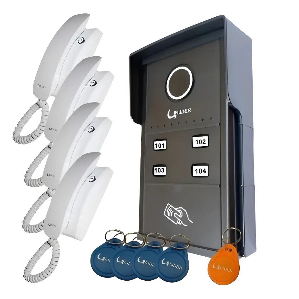 Kit Porteiro Eletronico Interfone Coletivo 4 Pontos RFID 5 Tags 4 Fones ...