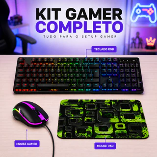 Kit Gamer Teclado Semi Mecânico RGB Mouse Óptico RGB Mouse Pad Profissional PC Xbox PS5 Notebook