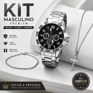 Kit Masculino Completo Relógio + Corrente Crucifixo + Pulseira Acessórios Masculinos