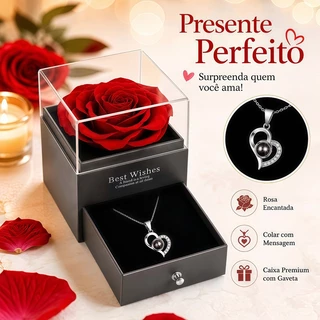 Rosa Eterna em Caixa com Colar 100 Idiomas Eu Te Amo Presente Dia dos Namorados Namorada Mãe Aniversário