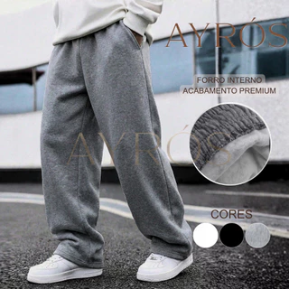 Calça Moletom Cargo Baggy Larga DE Moletom Masculina Despojada Casual Confortável Treino Forrada Lisa