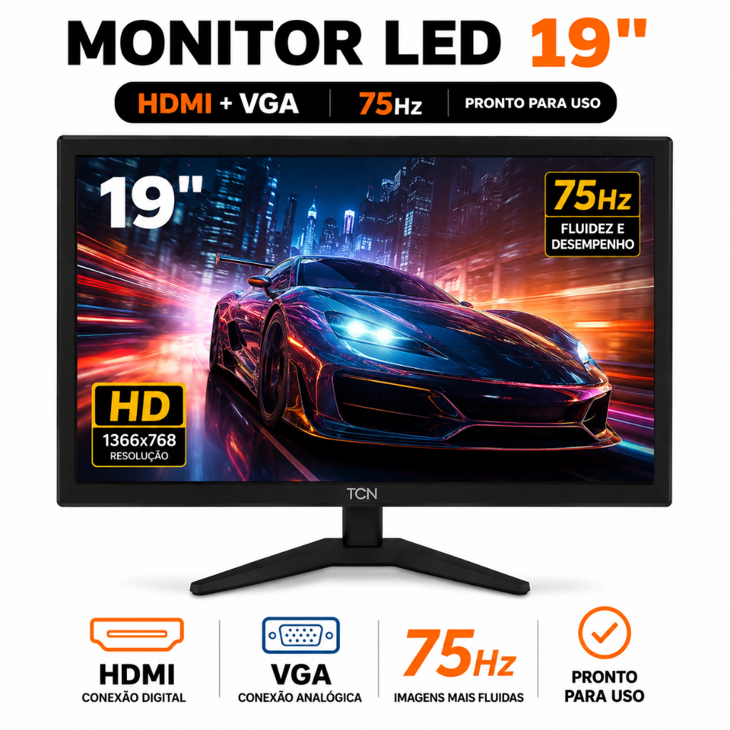 Monitor LED 19 Polegadas HDMI VGA HD 75Hz TCN Bivolt Para PC Escritório ...