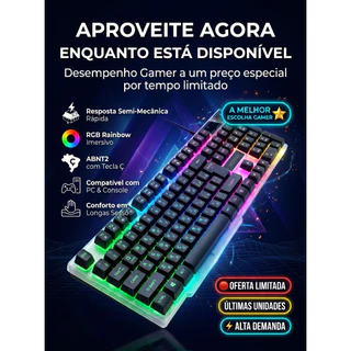 Teclado Gamer Aportex RGB ABNT2 Semi Mecânico USB PC PS4 PS5 Silencioso LED Rainbow