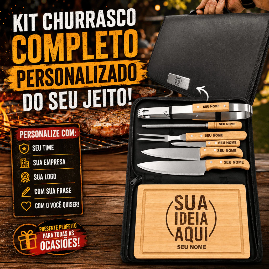 Kit Churrasco 9 peças Personalizado Estojo Tábua Faca Garfo Nome Time Logo - Imagem 2