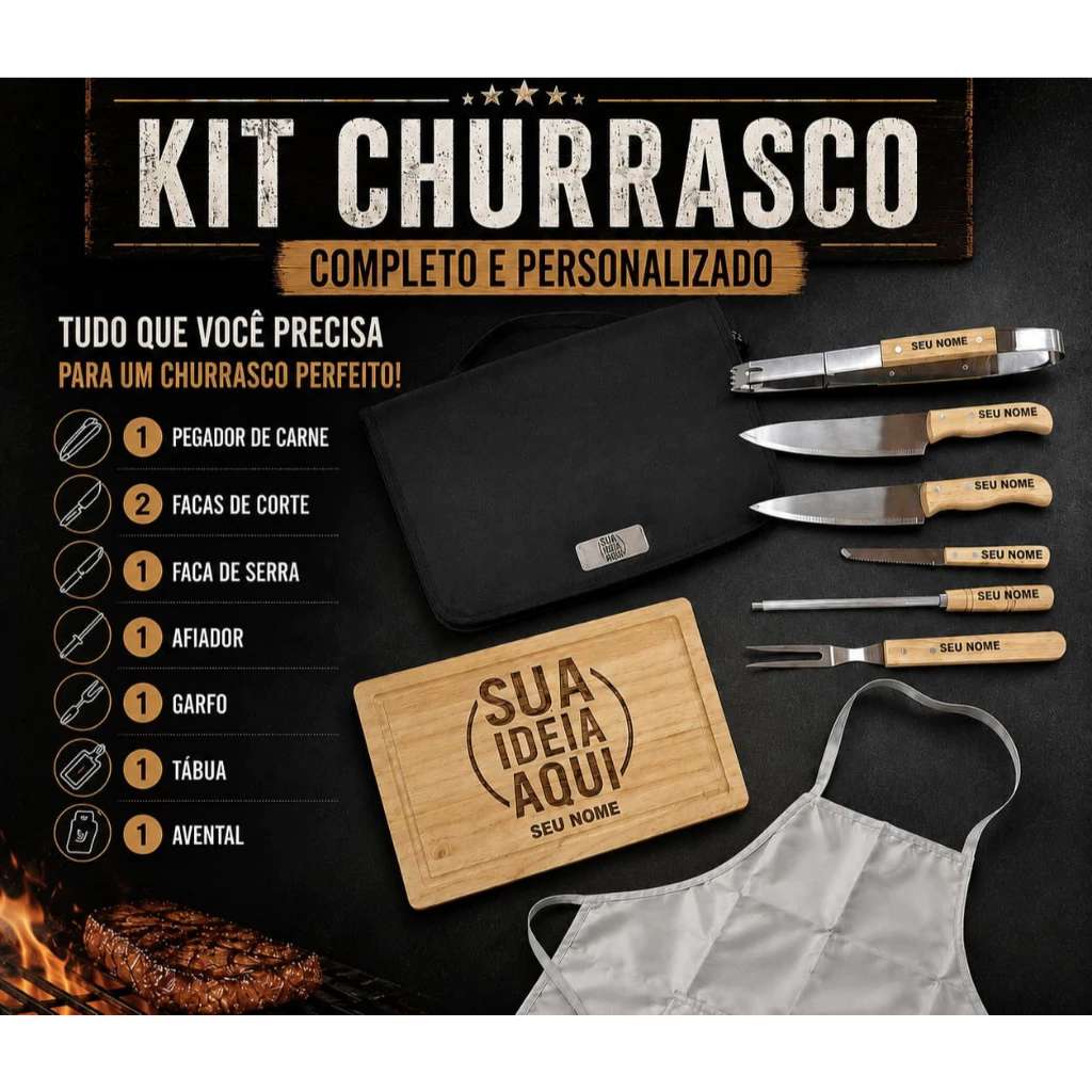 Kit Churrasco 9 peças Personalizado Estojo Tábua Faca Garfo Nome Time Logo - Imagem 3