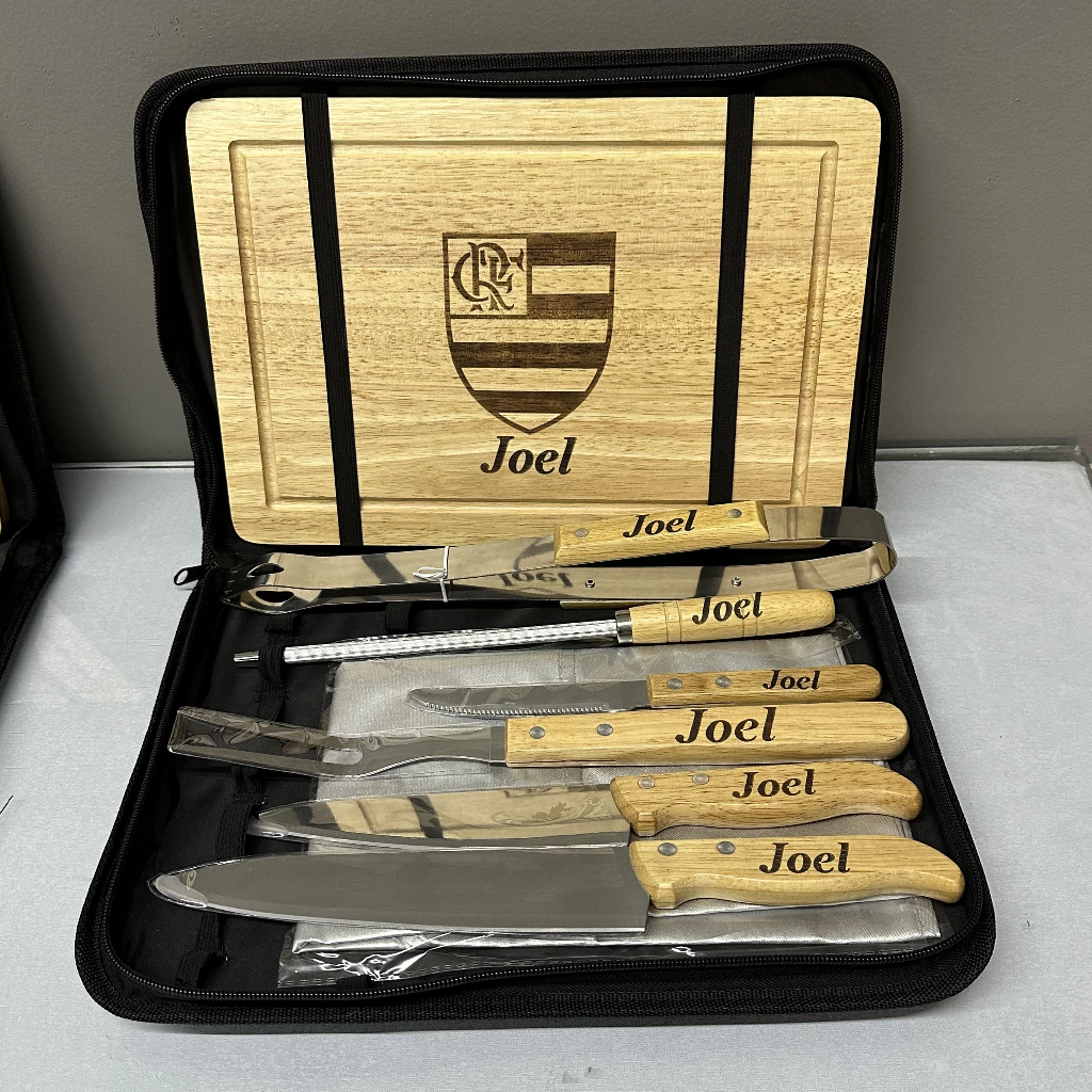 Kit Churrasco 9 peças Personalizado Estojo Tábua Faca Garfo Nome Time Logo - Imagem 4