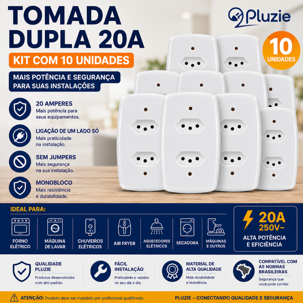 Tomada Dupla 20A Branco 3 Furos Pluzie KIT 10 UNIDADES | Shopee Brasil