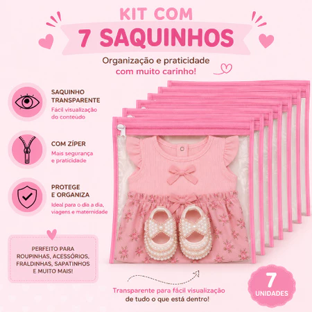 Kit 7 Saquinhos Maternidade Organizador Mala Bebê Mala Viagem Roupa Molhada e Seca