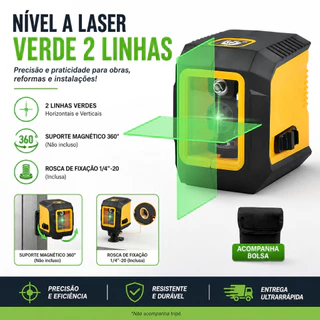 Nível a Laser Autonivelante 360 Grau Luz Verde 2 Linhas Portátil 20m com Baterias para Construção e Reformas