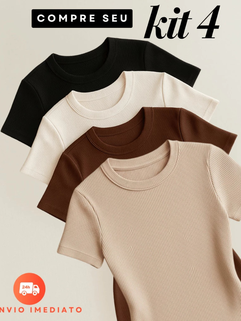 Kit com 4 blusas femininas ribana canelada