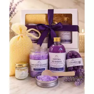 KIT SPA - Espuma de Banho 250ml + Sais Espumantes 200gr + Sabonete + Esponja + Vela aromática