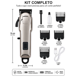 Maquina de Cortar Cabelo e Barba Profissional, Recarregavel, Display Digital, Sem Fio, Portátil