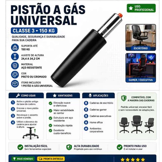 Pistão universal a Gás para cadeira de escritório secretaria e mocho Resistente 150KG