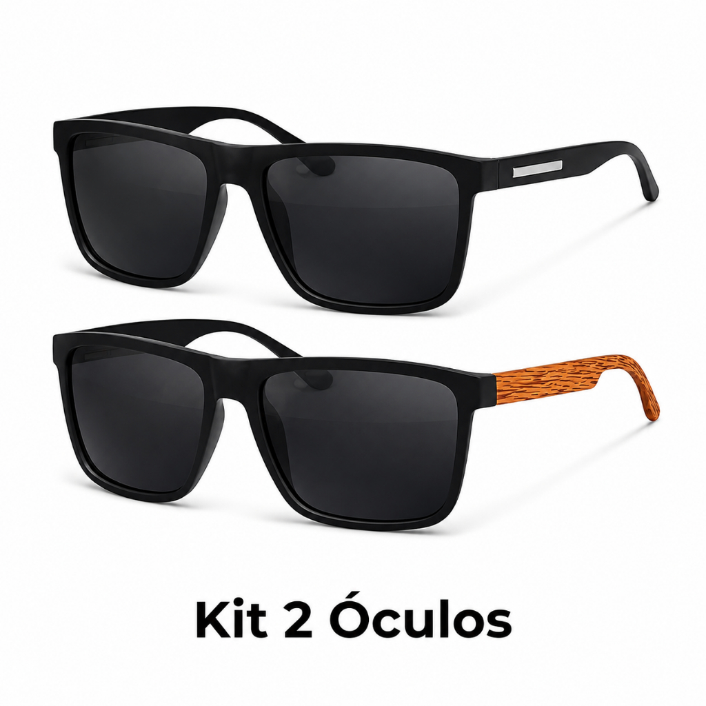 Kit 2 Óculos de Sol Preto Quadrado Madeira Estiloso Masculino Feminino UV400 2026