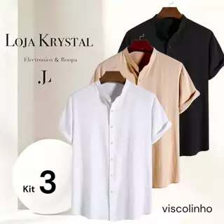 KIT 3 Camisa Social Masculina Gola Padre Manga Curta Aspecto ViscoLinho