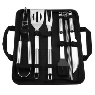 Kit de 9 Peças de Ferramentas para Churrasco em Aço Inoxidável com Bolsa de Tecido, Contém Faca, Garfo...