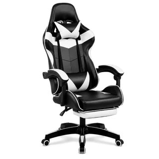 Cadeira Gamer 135° Reclinável 120kg Couro PU Apoio Pés Ergonômica Preto e branco