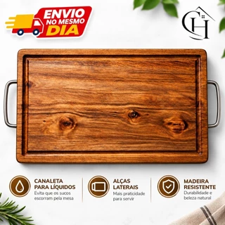 Tábua de Carne em Eucalipto Premium Grossa com Alças Metálicas e Canaleta – 36 x 21,5 x 2,5 cm