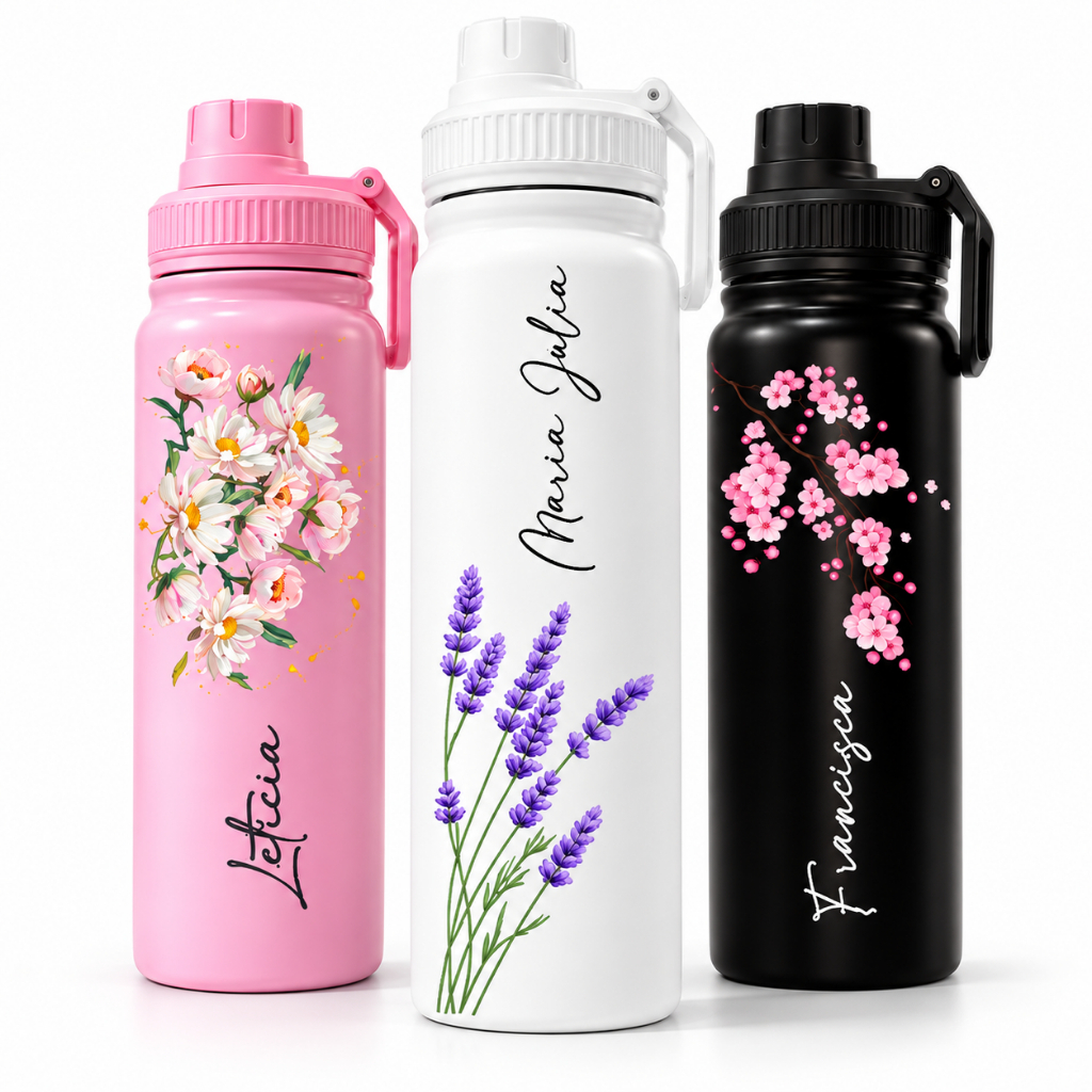 Garrafa Térmica Inox 800ml Personalizado Aesthetic Floral Feminina Delicada - Presente - Trabalho - Academia