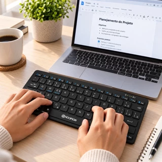 Teclado Bluetooth Sem Fio Preto Compacto e Moderno Ideal p/ Celular, Tablet e PC