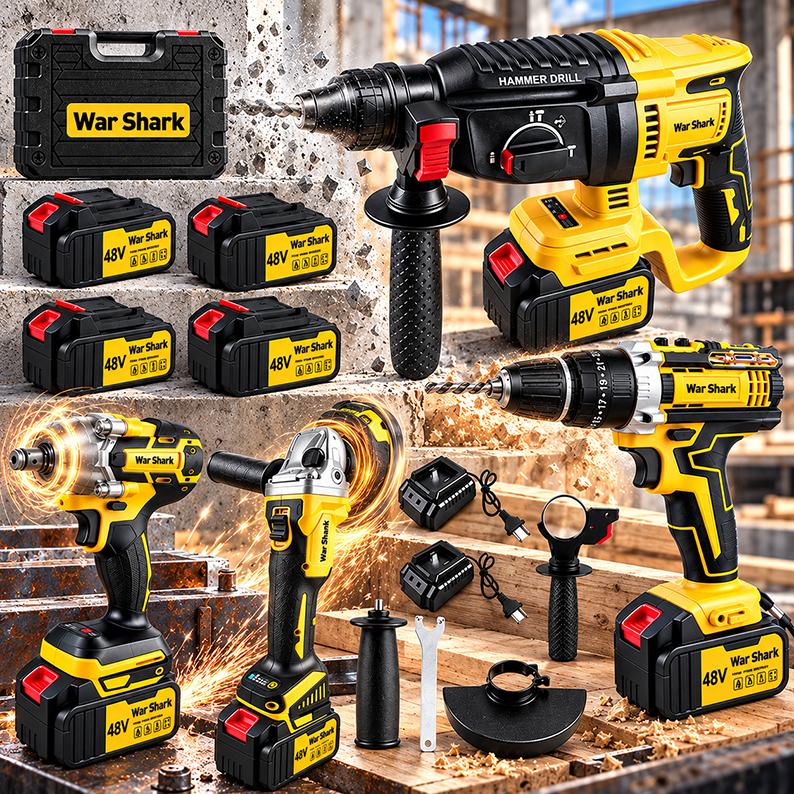 Kit 4 em 1 Ferramentas 48V Sem Fio: Martelete, Esmerilhadeira, Parafusadeira e Chave de Impacto, 4*48V + Maleta