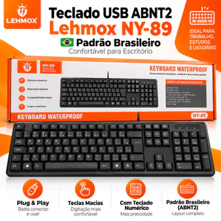 Teclado USB Lehmox ABNT2 com Fio Teclas Macias Silencioso para PC Notebook Escritório Computador