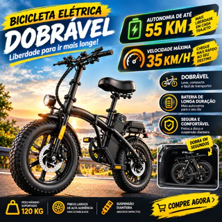 Bicicleta Elétrica Dobrável Adulto com Pneus A Vácuo e Bateria de Lítio
