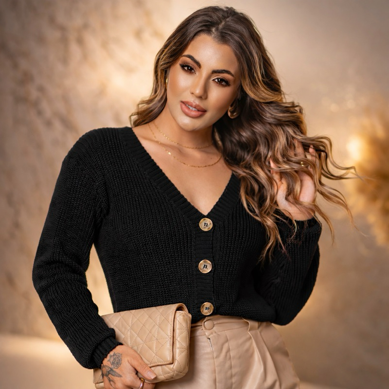 Cardigan Feminino Casaquinho Tricô Gola Decote V Básico Com Botões Frontais Tricot Moda Outono Inverno Confortável