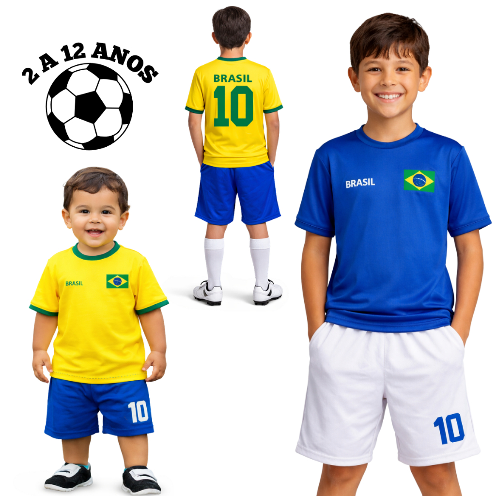 Conjunto Infantil do Brasil – Camiseta + Bermuda Uniforme Copa 2 a 12 Anos em Oferta na Shopee