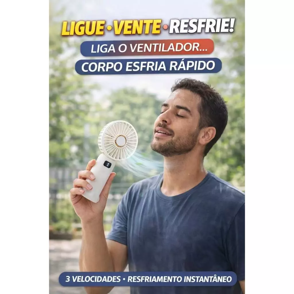 Ventilador Portátil Recarregável USB–3 Velocidades Com Suporte para Celular – Leve, Silencioso