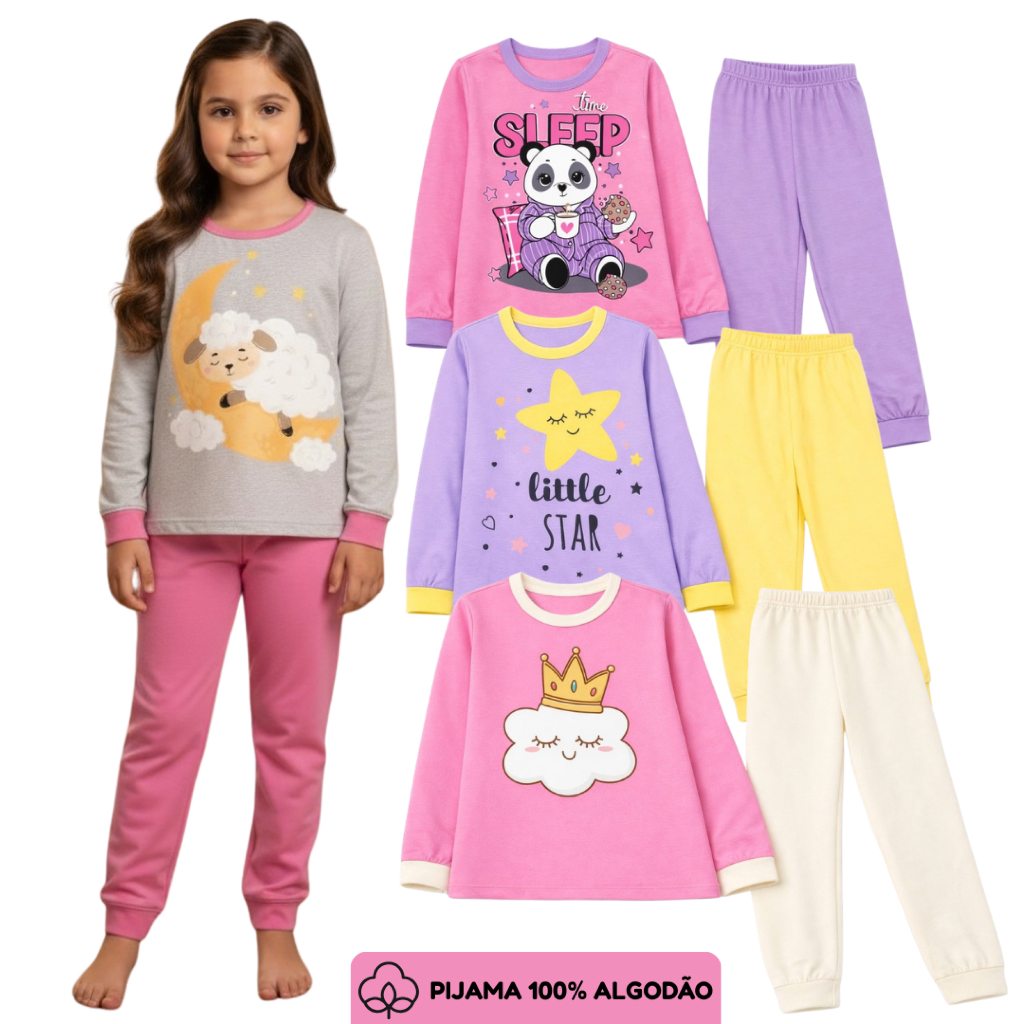 Kit Pijama Infantil de Inverno Menina | Pijama 100% algodão Comprido | Roupa de Dormir Juvenil Tamanho 1 ao 14 anos em Oferta na Shopee