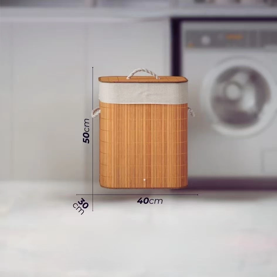 Cesto de roupa suja de bambu de 72 litros com tampa e alça para uso na sala de estar e no banheiro.