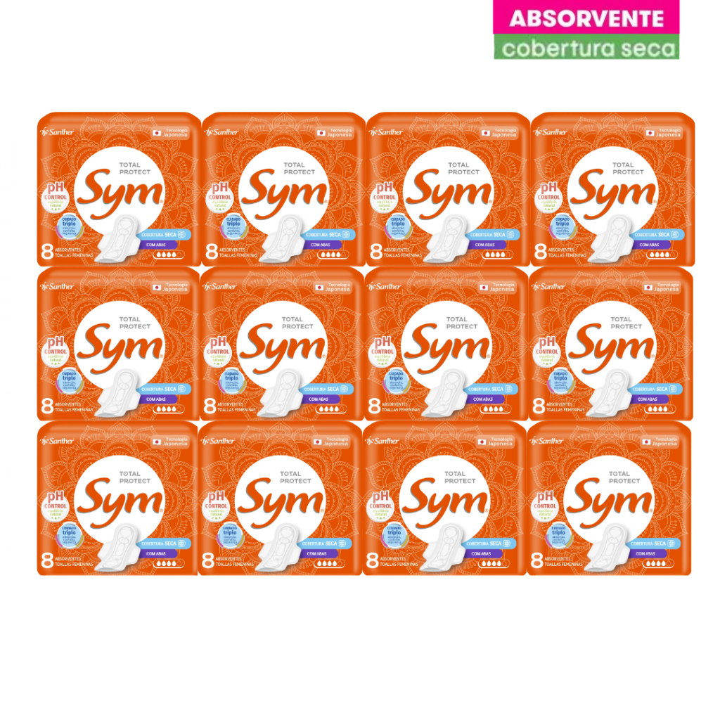 Kit 12 Absorvente Sym Cobertura Seca com Abas 8 Unidades