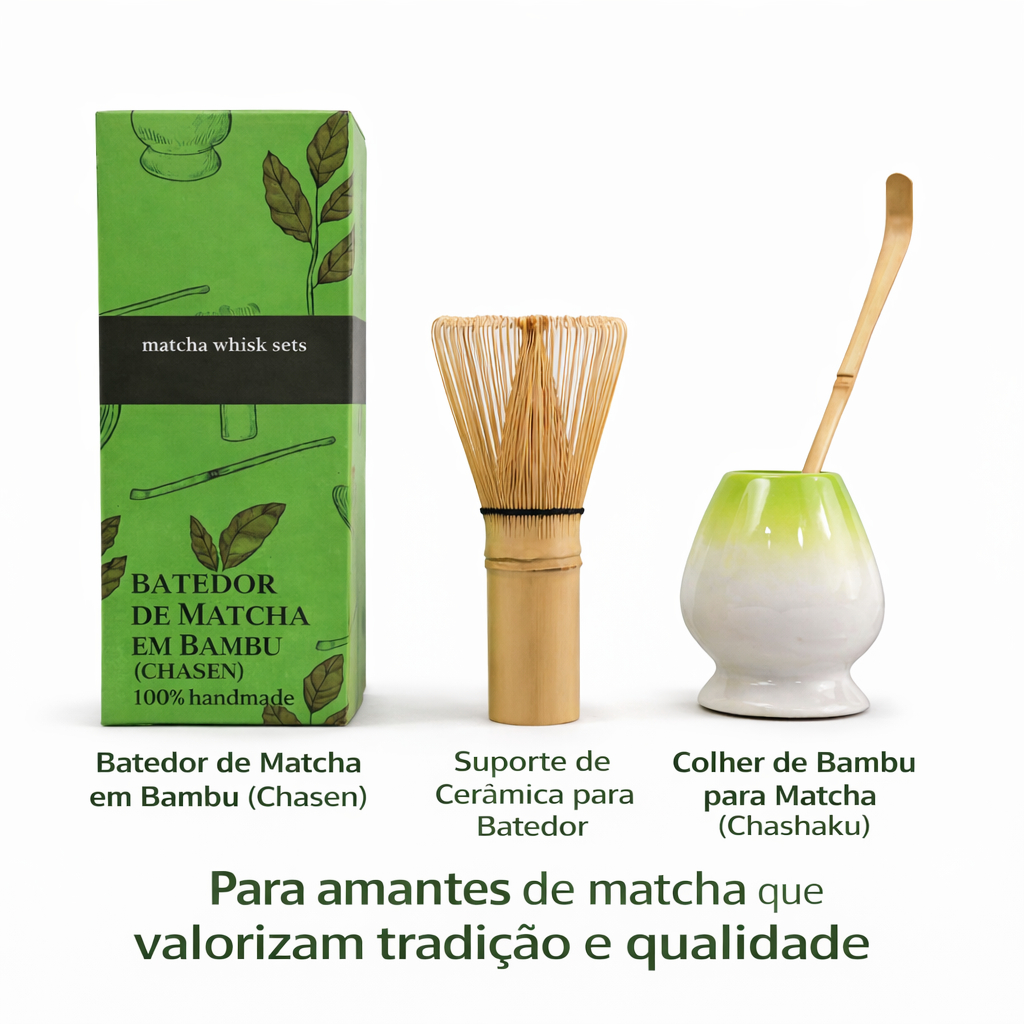 Kit Matcha Completo Japonês 3 peças Chasen + Colher + Suporte kit