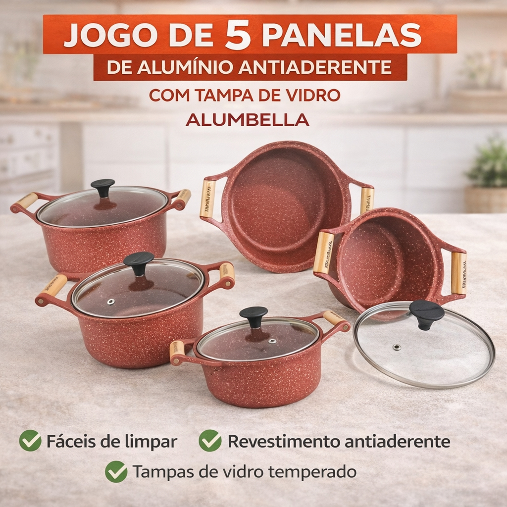 Jogo Panelas Alumbella 5 Peças Auminio Batido Antiaderente Tampa Vidro
