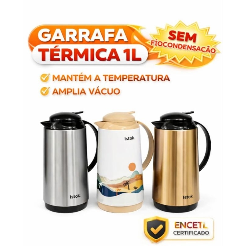 Garrafa Térmica Café 1L Istok Inox Mesa + 6 Xícaras Café Bul