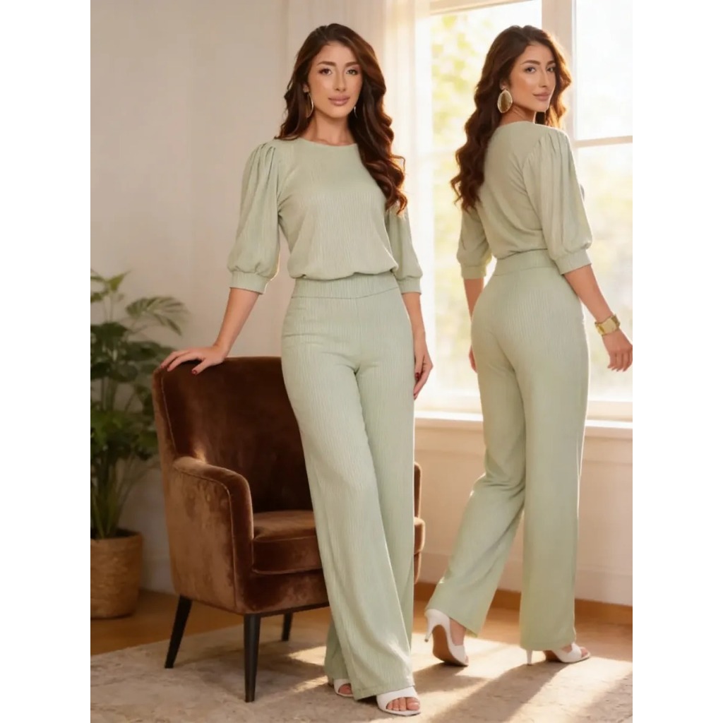 Conjunto Feminino Calça Pantalona e Blusa Manga Bufante Elegante Casual ...