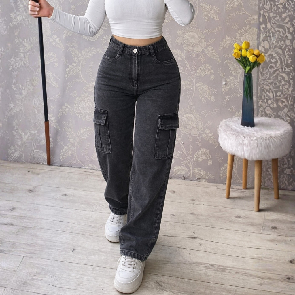 Calça Wide Leg Jeans CARGO Feminina Cintura Alta Sem Lycra