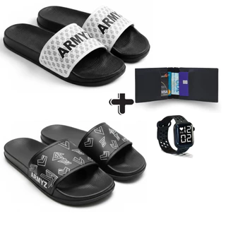 Kit Completo: Dois Chinelos Slide + Relógio Digital + Carteira de Mão