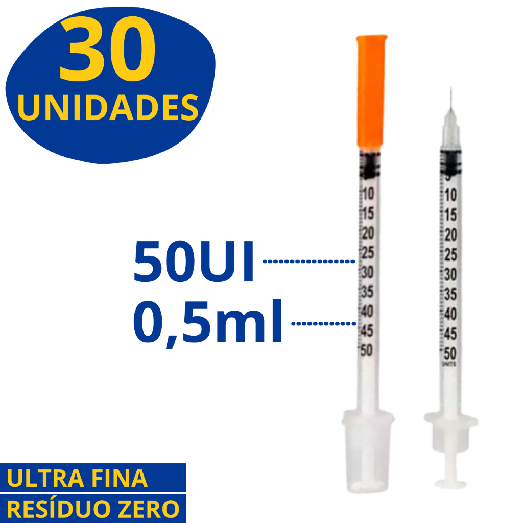 Seringa Insulina 0,5ml (50UI) C/ Agulha 6x0,25mm - 30 Unidades ...