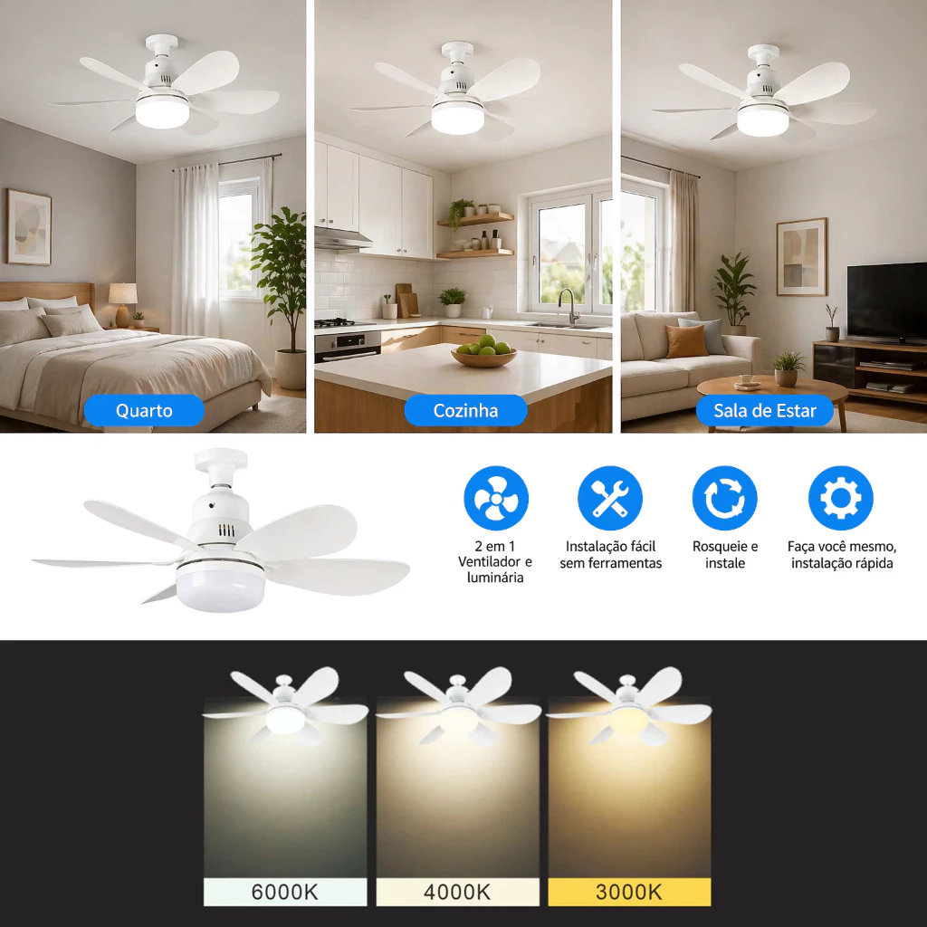 Certificado pelo INMETRO Ventilador de Teto com luz 52cm com Controle Remoto 6 Lâminas CCT 3000K–6000K Bivolt