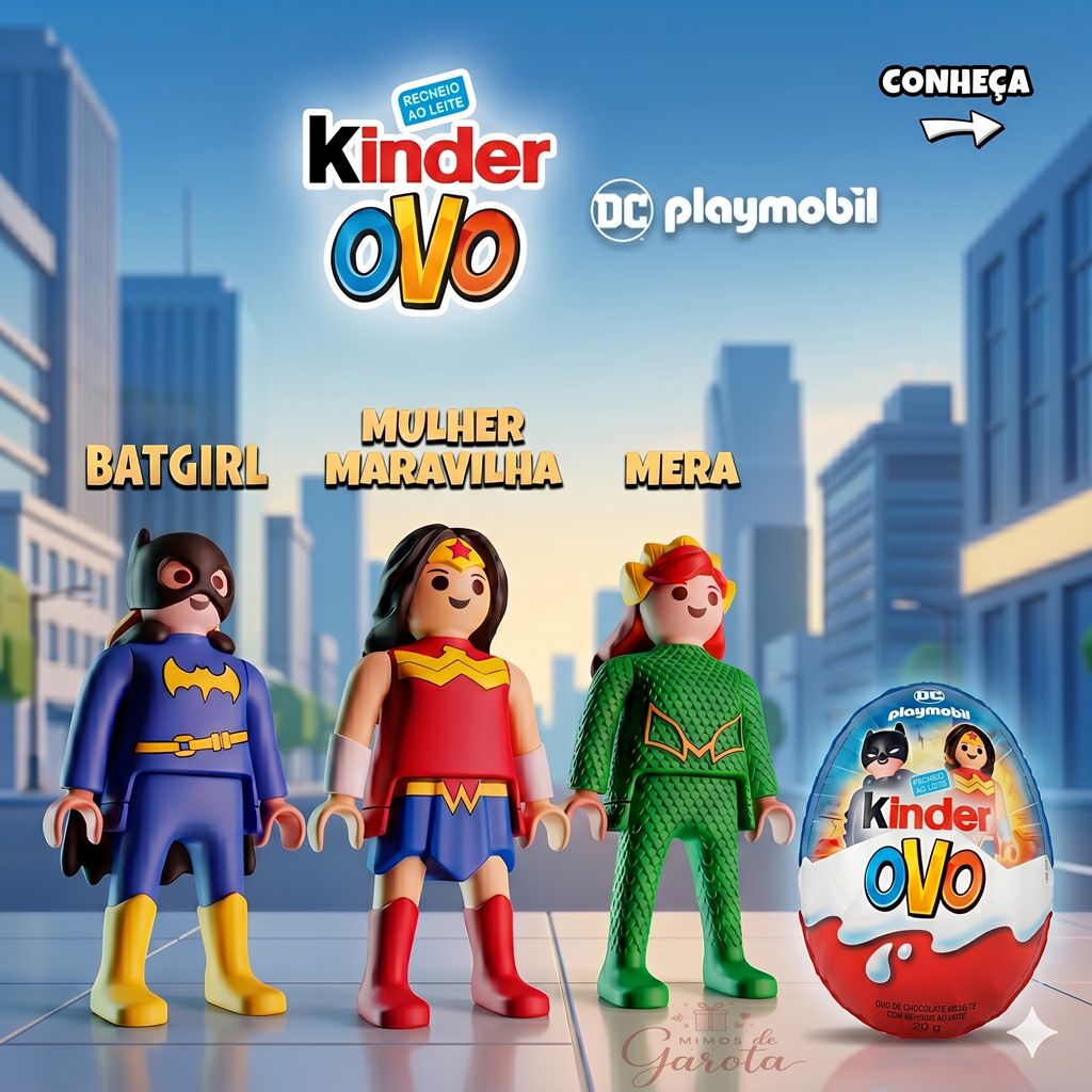 Brinquedo Colecionável Kinder Ovo DC Playmobil Heroínas - Mulher Maravilha Mera Batgirl