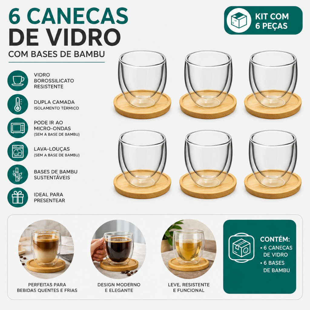 Xícara de Café Expresso 100 ml em Vidro Duplo com Pires de Bambu