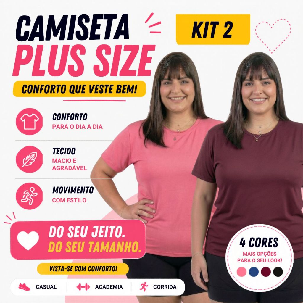 Kit 2 Camisas Blusas Femininas Plus Size Lisa Básica Conforto Proteção ...