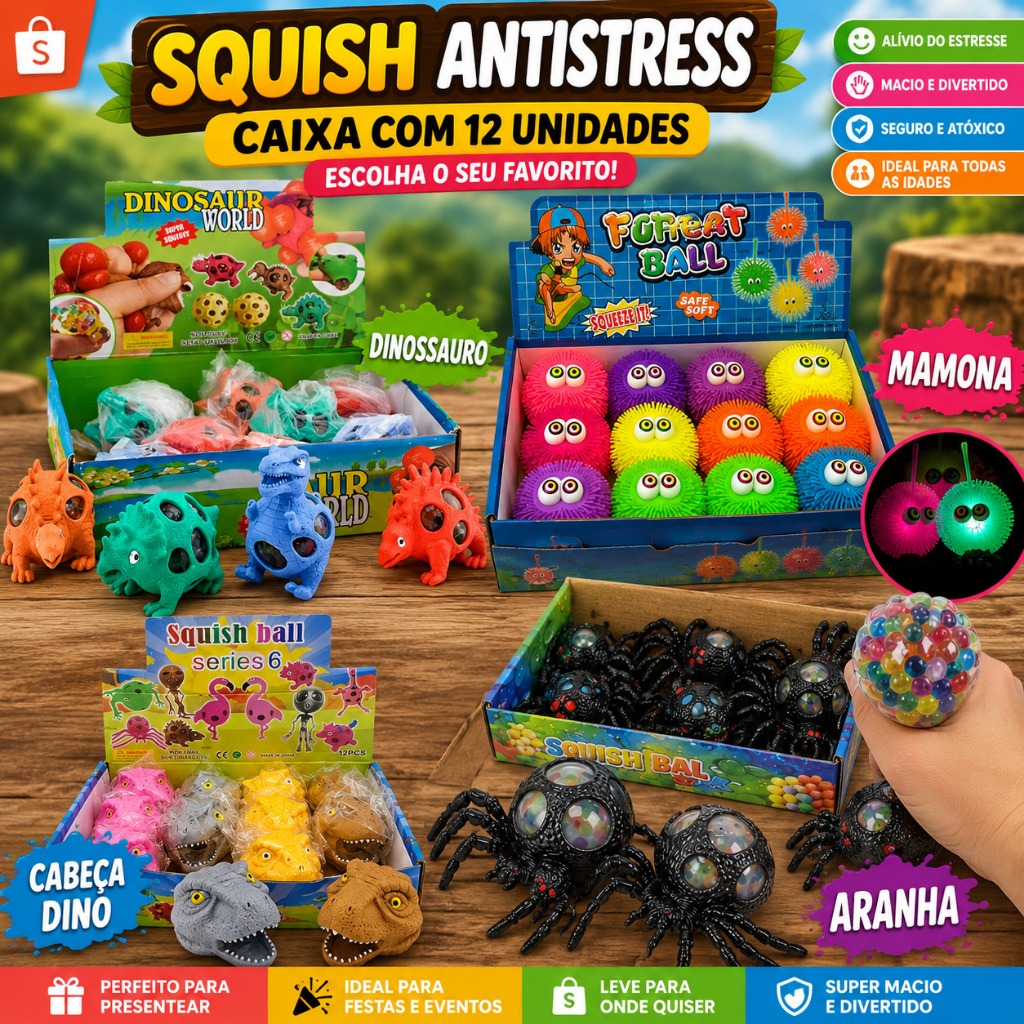 SQUISH ANTI-STRESS VÁRIOS MODELOS CAIXA COM 12(SOMENTE CAIXA COM