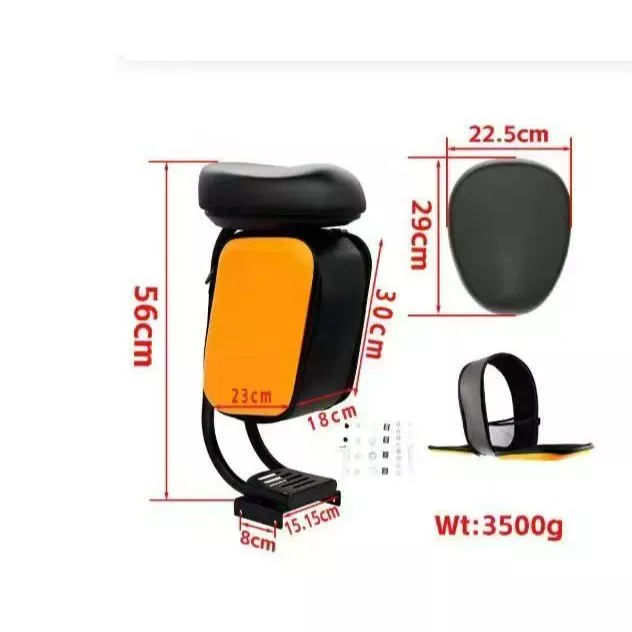 Diagrama técnico do banco com bag e apoio para os pés, mostrando dimensões em centímetros (altura 56cm, largura 23cm, profundidade 18cm) e peso de 3500g, junto a uma imagem superior do banco
