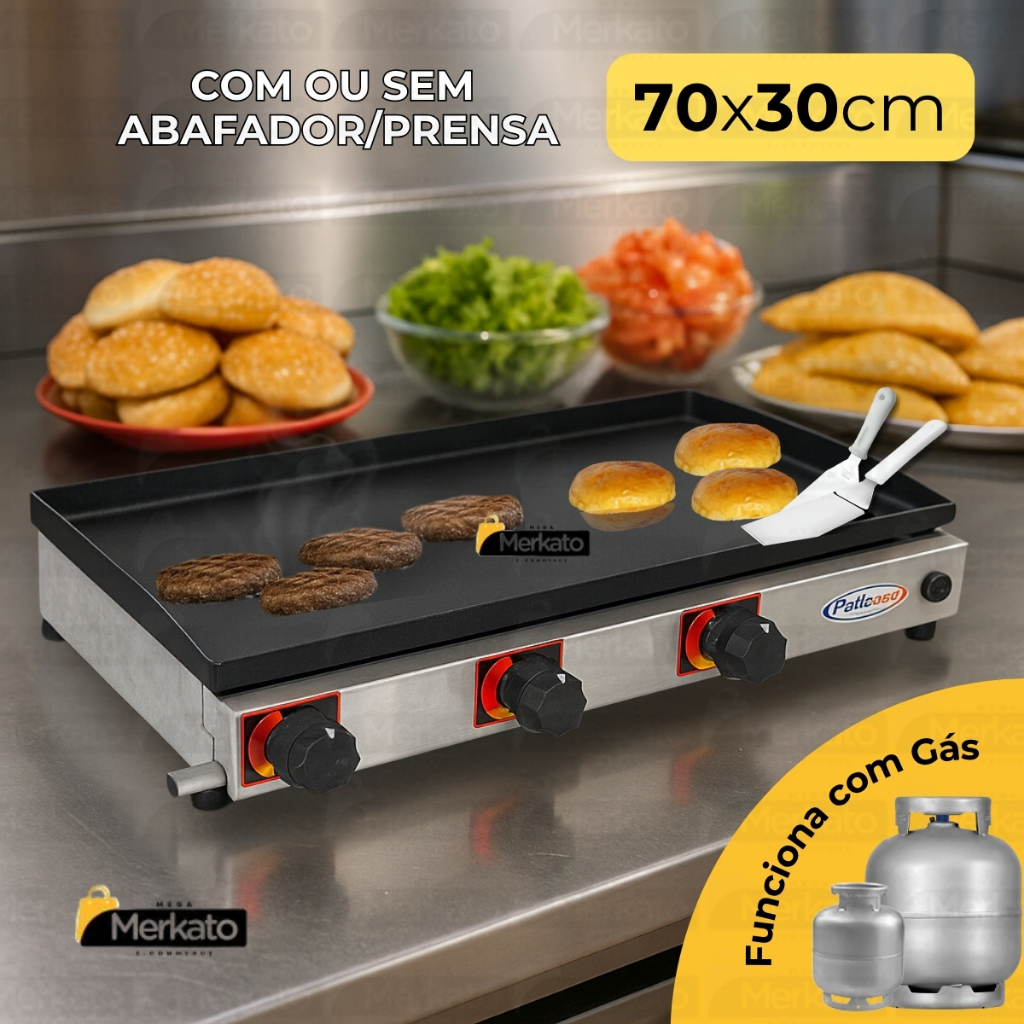 Chapa de Hamburguer Profissional A Gas 70x30 com 3 Queimador