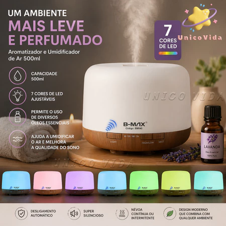 Umidificador Portátil 500ML Aromatizador Luz LED De 7 Cores Com Controle Remoto Ambiente mais Agradável para Dormir